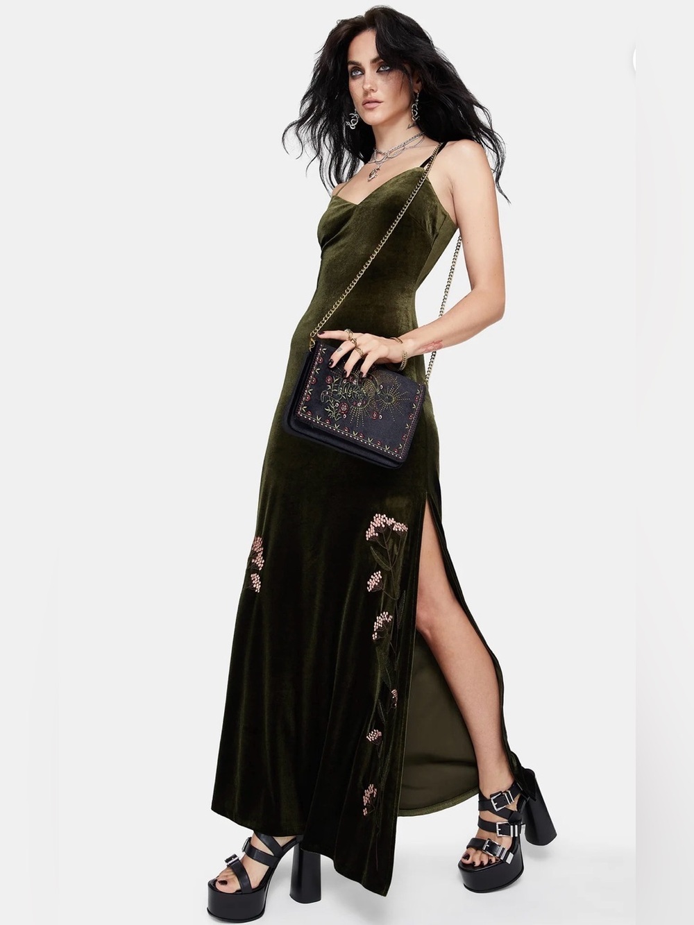 NWT Disturbia Virosa Floral Embroidered Velour Gown - Green